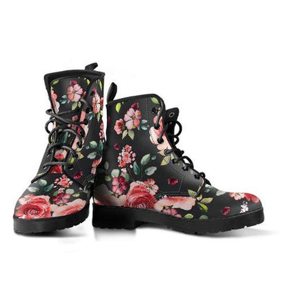 Black Rosebud  Memory Foam Boots | All Season Lace Up Boots | Vegan Leather Combat Boot