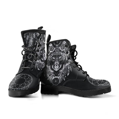 Black Wolf Dreamcatcher  Memory Foam Boots | All Season Lace Up Boots | Vegan Leather Combat Boot