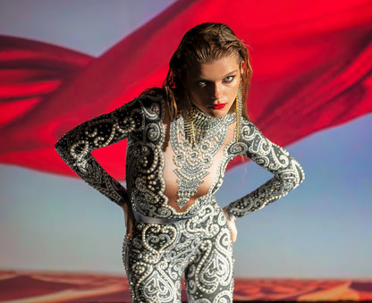 Venus Black Rhinestone Bodysuit | Elegant Pearl & Crystal Festival Jumpsuit – Manifestie