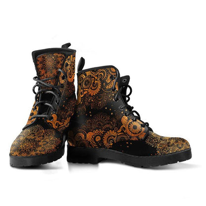 Black and Gold Paisley Mandala  Memory Foam Boots | All Season Lace Up Boots | Vegan Leather Combat Boot