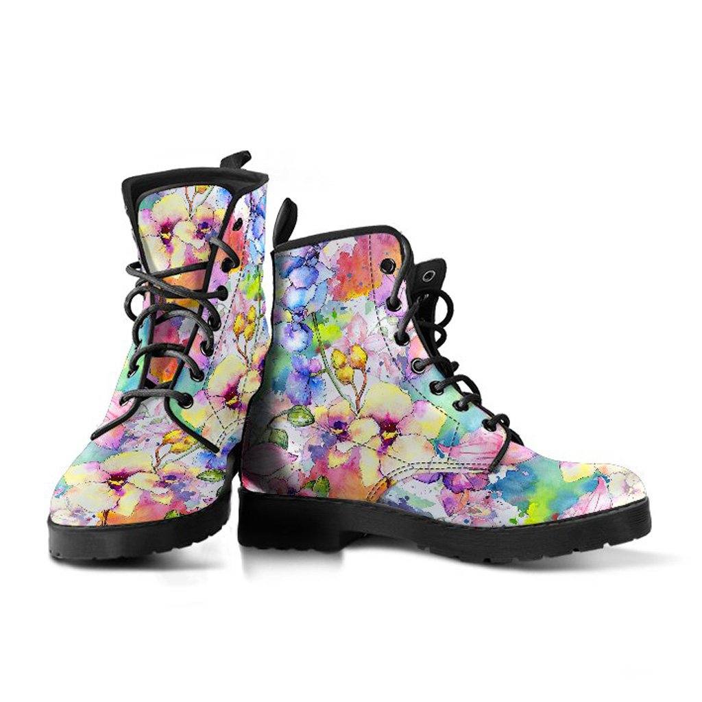 Botanical Watercolors  Memory Foam Boots | All Season Lace Up Boots | Vegan Leather Combat Boot