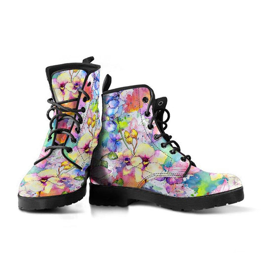Botanical Watercolors  Memory Foam Boots | All Season Lace Up Boots | Vegan Leather Combat Boot