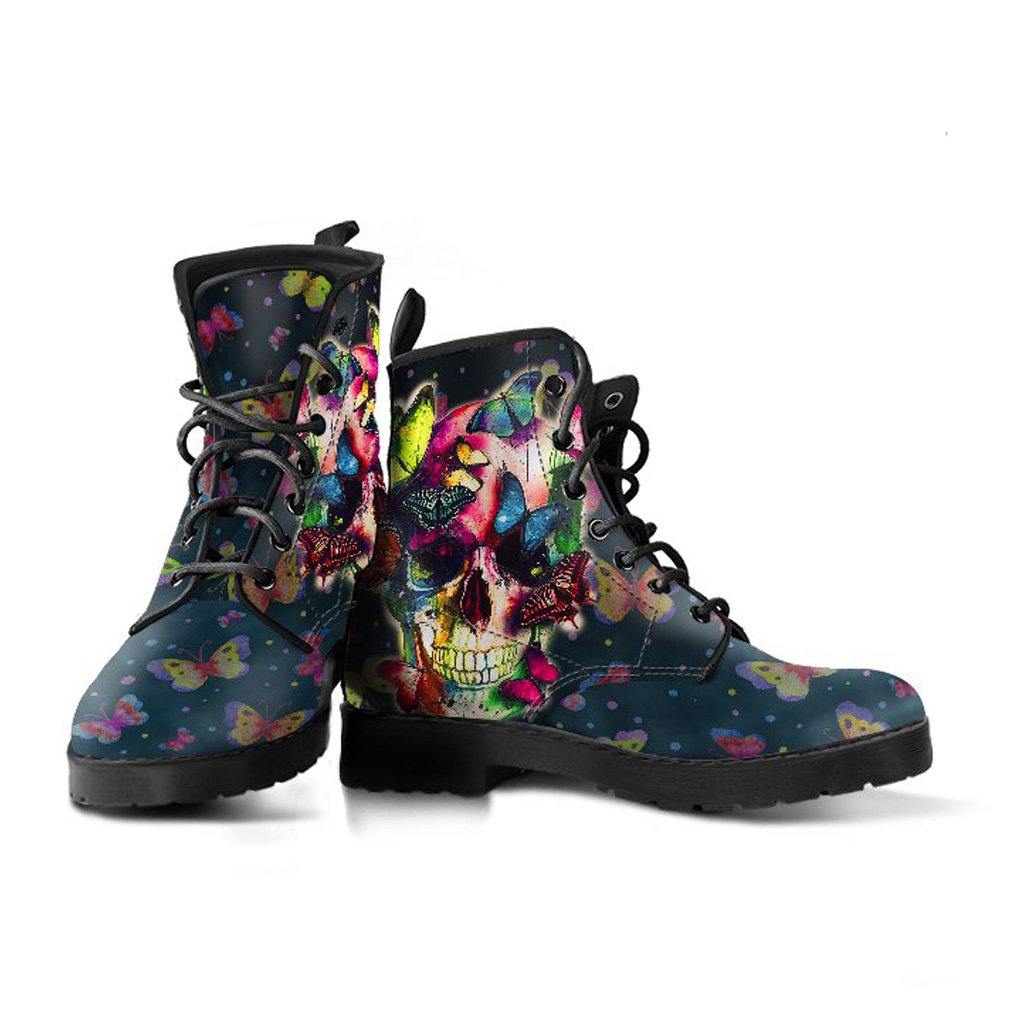 Butterfly Skull  Memory Foam Boots | All Season Lace Up Boots | Vegan Leather Combat Boot
