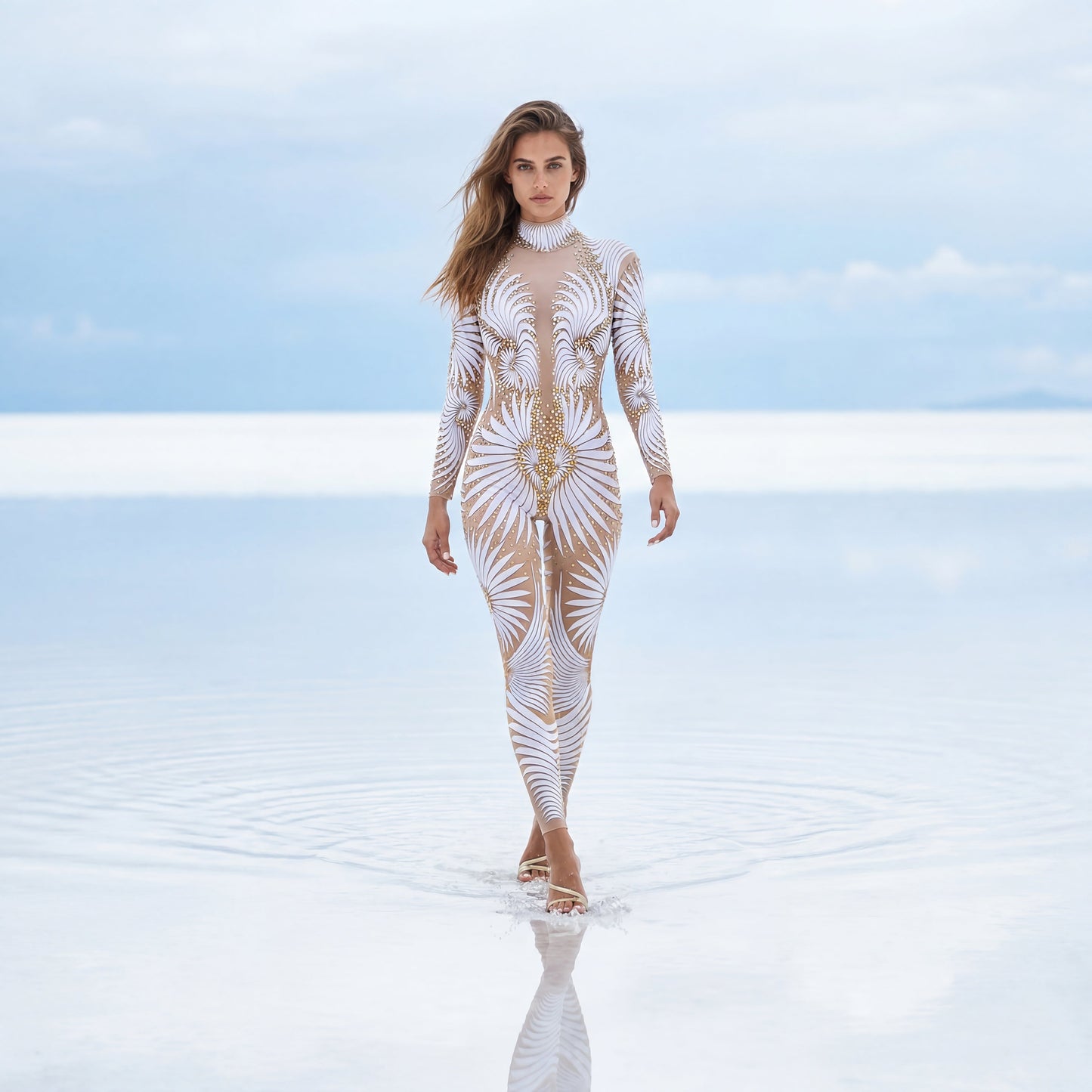Feminine Divine Rhinestone Bodysuit | White Gold Sacred Geometry Festival Catsuit – Manifestie