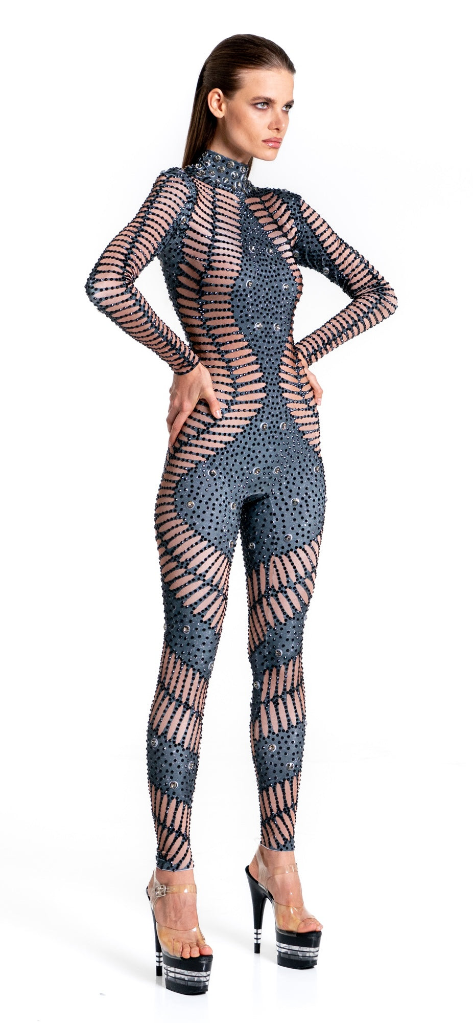 Kira Rhinestone Jumpsuit | Black Diamond Crystal Bodysuit – Manifestie