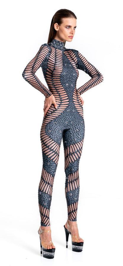 Kira Rhinestone Jumpsuit | Black Diamond Crystal Bodysuit – Manifestie