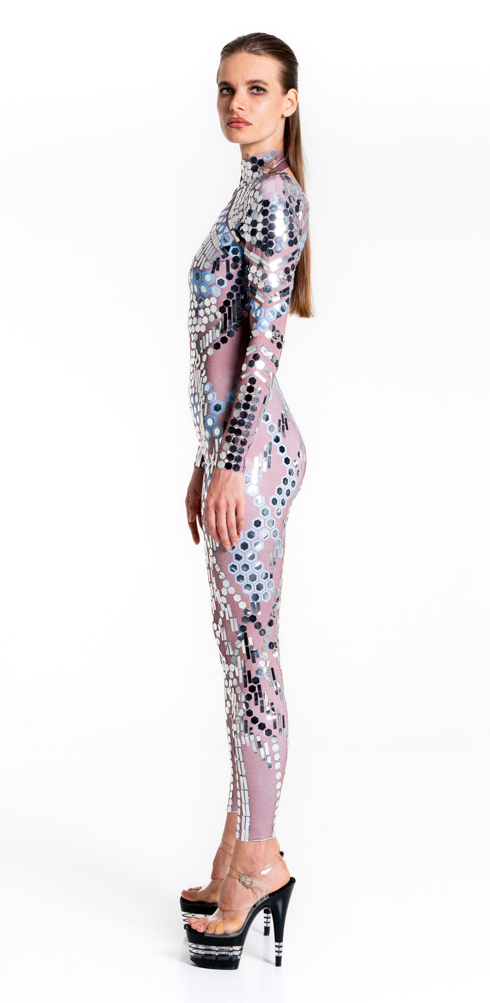 Space Babes Nude Reflective Sequin Bodysuit | Illusion Mirror Ball Festival Catsuit &amp; Stage Jumpsuit – Manifestie