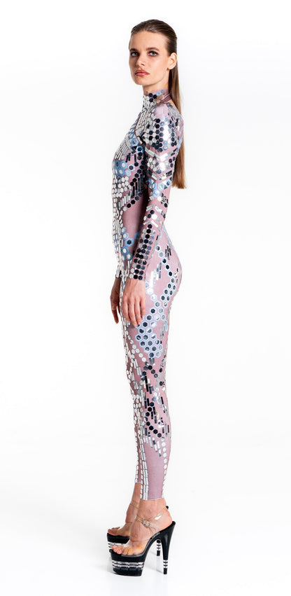 Space Babes Nude Reflective Sequin Bodysuit | Illusion Mirror Ball Festival Catsuit &amp; Stage Jumpsuit – Manifestie