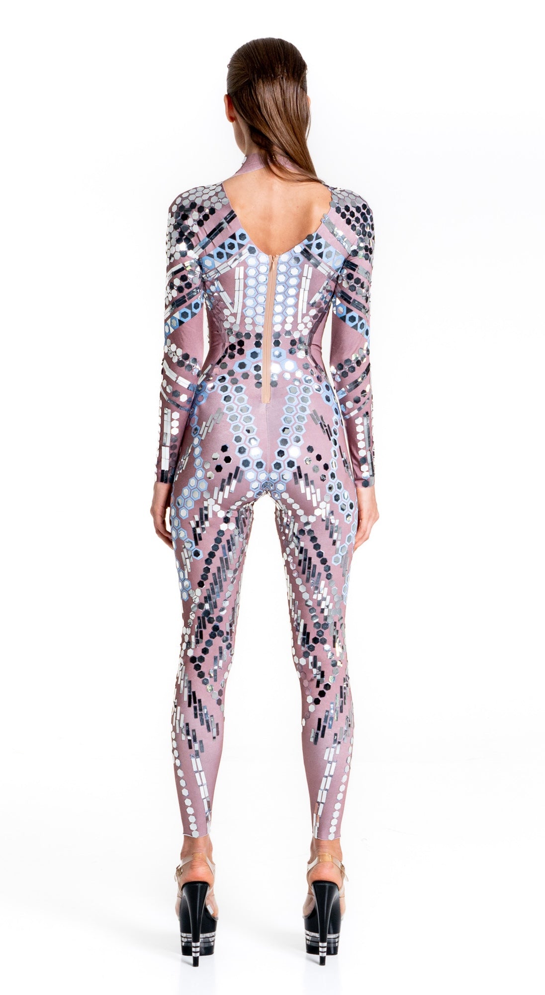 Space Babes Nude Reflective Sequin Bodysuit | Illusion Mirror Ball Festival Catsuit &amp; Stage Jumpsuit – Manifestie