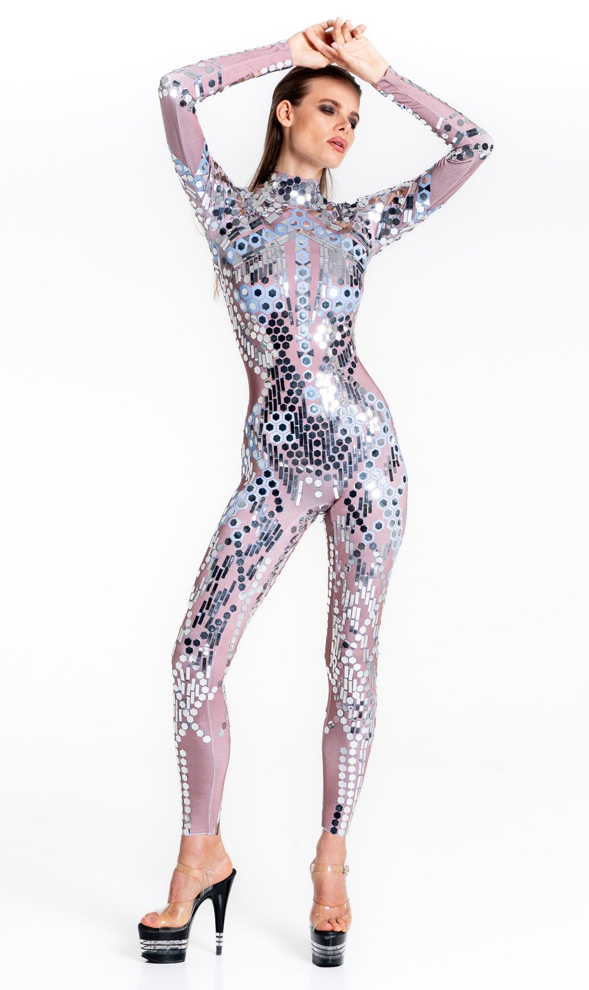Space Babes Nude Reflective Sequin Bodysuit | Illusion Mirror Ball Festival Catsuit &amp; Stage Jumpsuit – Manifestie