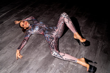 Space Babes Nude Reflective Sequin Bodysuit | Illusion Mirror Ball Festival Catsuit &amp; Stage Jumpsuit – Manifestie