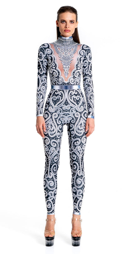 Venus Black Rhinestone Bodysuit | Elegant Pearl & Crystal Festival Jumpsuit – Manifestie