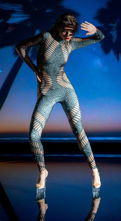 Kira Rhinestone Jumpsuit | Black Diamond Crystal Bodysuit – Manifestie