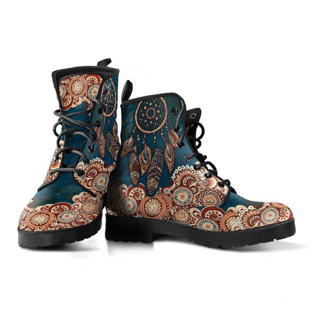 Dark Teal Dreamcatcher  Memory Foam Boots | All Season Lace Up Boots | Vegan Leather Combat Boot