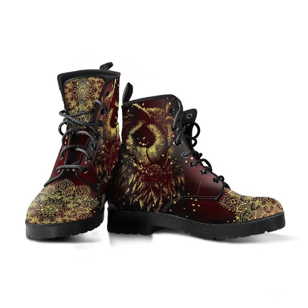 Deep Burgundy Owl  Memory Foam Boots | All Season Lace Up Boots | Vegan Leather Combat Boot