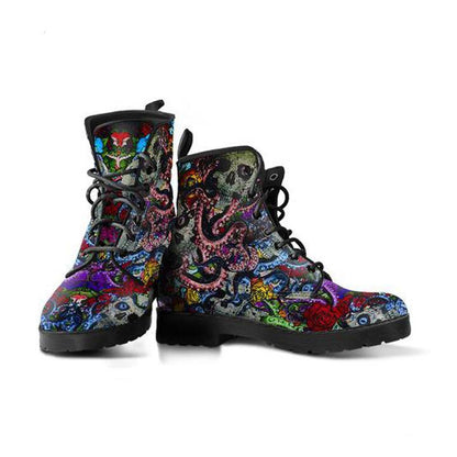 Deep Sea Octopus Skulls  Memory Foam Boots | All Season Lace Up Boots | Vegan Leather Combat Boot