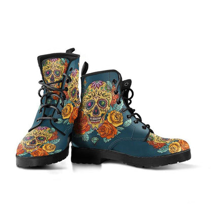 Desert Sunset Sugar Skull  Memory Foam Boots | All Season Lace Up Boots | Vegan Leather Combat Boot