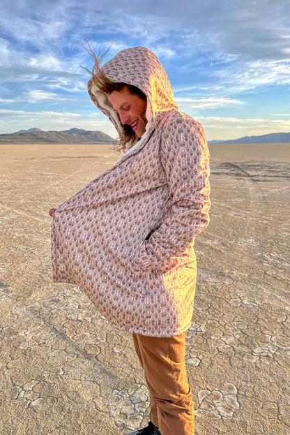 Cream Baroque Cuddle Cloak | Unisex Minky Sherpa Hooded Coat | Women and Mens Festival Coat | Mountain Fashion