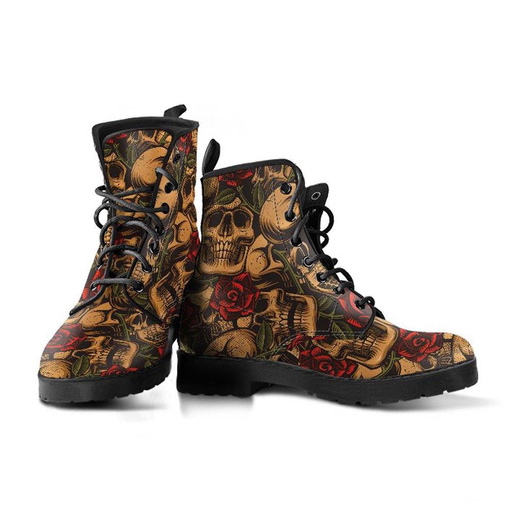 Earthy Roses and Skulls  Memory Foam Boots | All Season Lace Up Boots | Vegan Leather Combat Boot