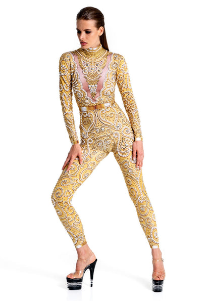Venus Gold Rhinestone Bodysuit | Elegant Pearl & Crystal Festival Jumpsuit – Manifestie