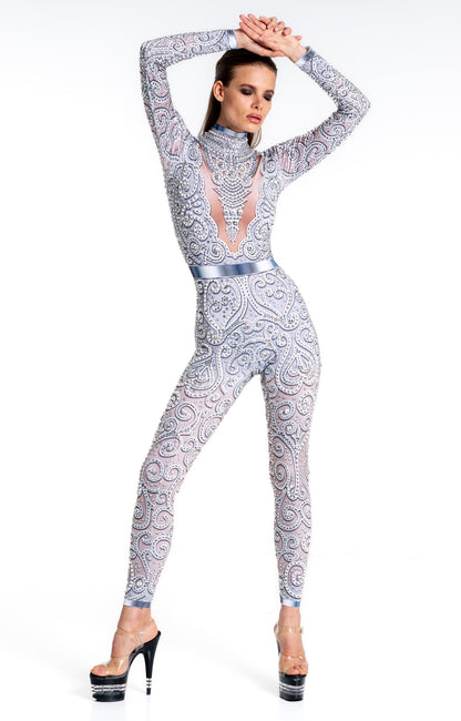 Venus Silver Rhinestone Bodysuit | Elegant Pearl & Crystal Festival Jumpsuit – Manifestie