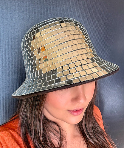 Boombox Disco Ball Bucket Hat / Glass Silver Disco Tiles / Sequin Hat / Party Hat / Festival Hat, Burning Man Hat, EDC Hat, Rave Hat / Birthday Hat