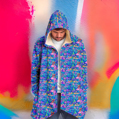Psychedelic Mushrooms Cuddle Cloak | Unisex Minky Sherpa Lined Hooded Coat | Women and Mens Festival Coat | Mountain Fashion