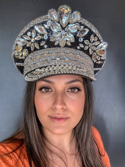 Black and Silver Rhinestone Hat / Sequin Hat / Party Captain Hat / Festival Hat, EDC Hat, Rave Hat / Birthday Hat / Custom Phrase Hat