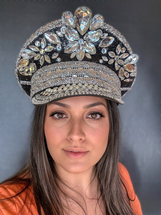 Black and Silver Rhinestone Hat / Sequin Hat / Party Captain Hat / Festival Hat, EDC Hat, Rave Hat / Birthday Hat / Custom Phrase Hat