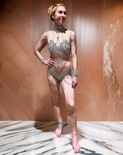 Jasmine Rhinestone Jumpsuit | Nude + Silver Diamond Crystal Bodysuit & Festival Rave Catsuit – Manifestie