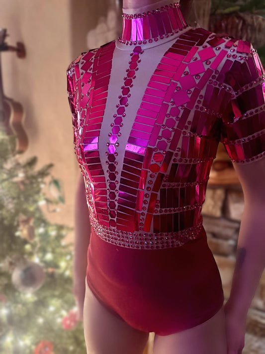 Electra Reflective Sequins Party Dress / Pink leotard and skirt, Futuristic Reflective Festival Outfit, Disco Dance Costume, Mirror Bodysuit