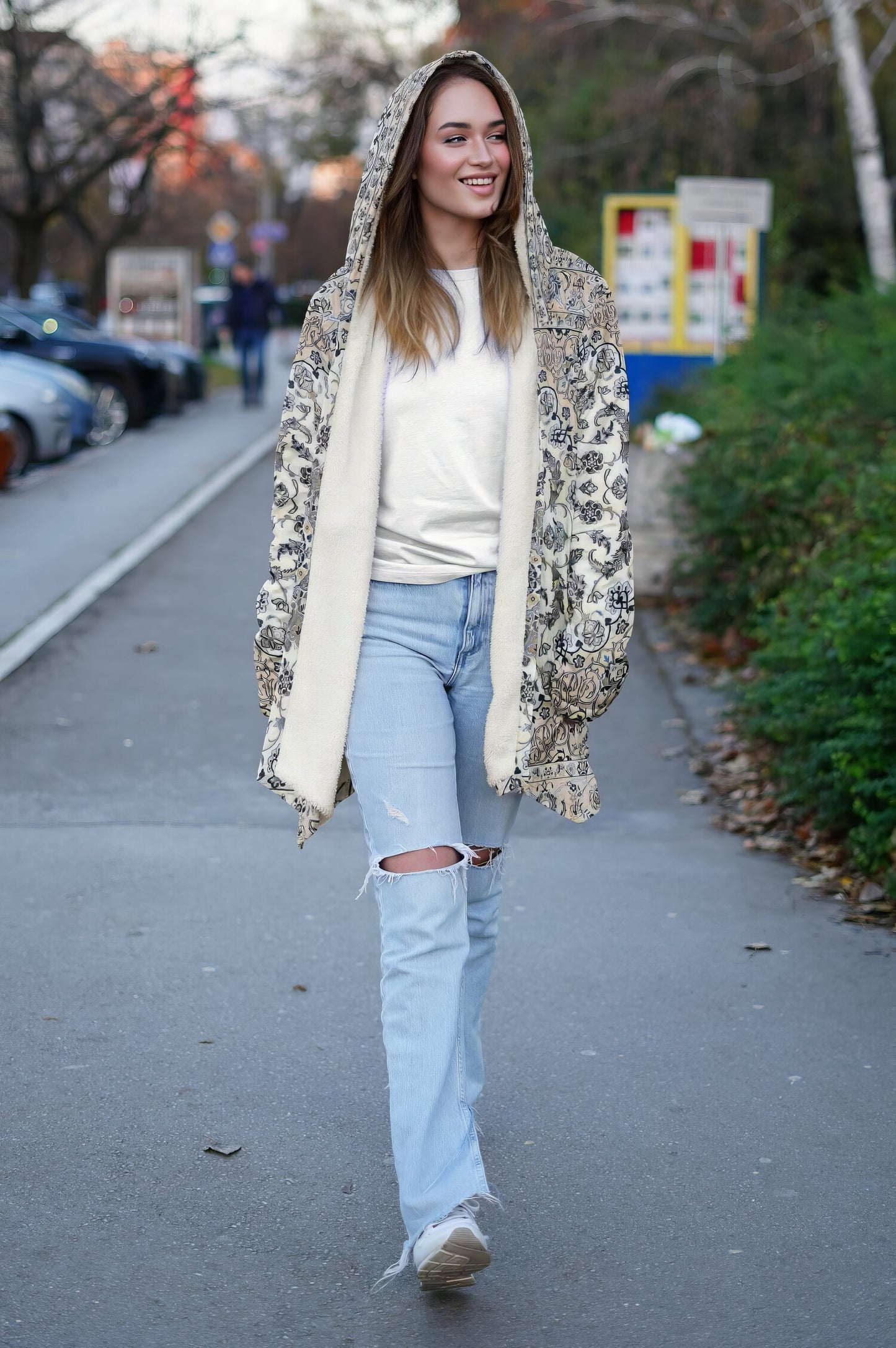 Classic Persian Carpet Cuddle Cloak | Nain, Cream and Soft Blue | Unisex Minky Sherpa Hooded Coat | Women and Mens Festival Coat | Mountain Fashion