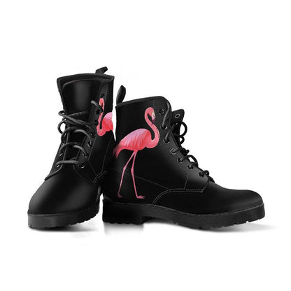 Flamingo on Black  Memory Foam Boots | All Season Lace Up Boots | Vegan Leather Combat Boot