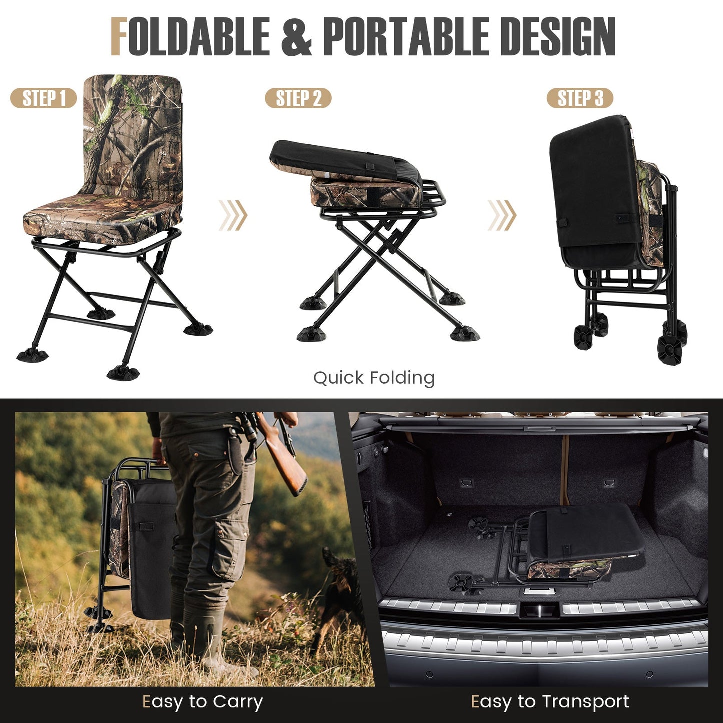 Swivel Folding Chair with Backrest and Padded Cushion
