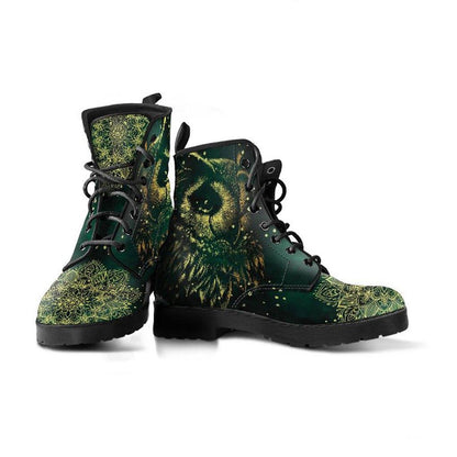 Forest Green Owl  Memory Foam Boots | All Season Lace Up Boots | Vegan Leather Combat Boot