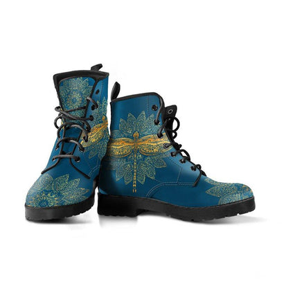 Gold Dragonfly on Teal  Memory Foam Boots | All Season Lace Up Boots | Vegan Leather Combat Boot