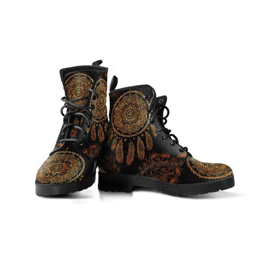 Gold Dreamcatcher  Memory Foam Boots | All Season Lace Up Boots | Vegan Leather Combat Boot