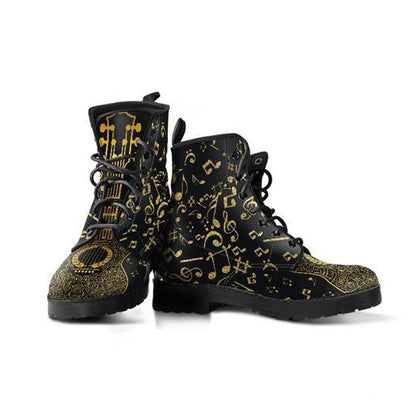 Gold Music Notes  Memory Foam Boots | All Season Lace Up Boots | Vegan Leather Combat Boot