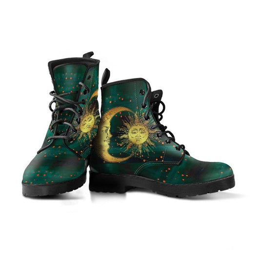 Green Sun and Moon  Memory Foam Boots | All Season Lace Up Boots | Vegan Leather Combat Boot