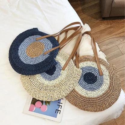 Large Capacity Round Women's Fashionable Straw Woven Shoulder Bag | Handmade Summer Beach Travel Holiday Women Tote Bags