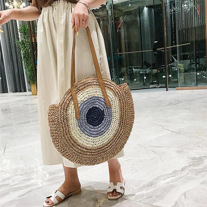 Large Capacity Round Women's Fashionable Straw Woven Shoulder Bag | Handmade Summer Beach Travel Holiday Women Tote Bags