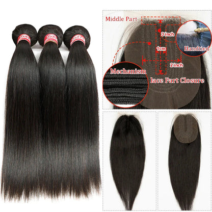 Brazilian Straight Human Hair Bundles with 2x4 Lace Closure | 3 Bundles & Closure Set