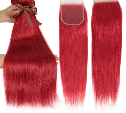 Red & Blonde Highlight Straight Bundles with Closure | 3 Pcs Brazilian Remy Human Hair Weave Extensions