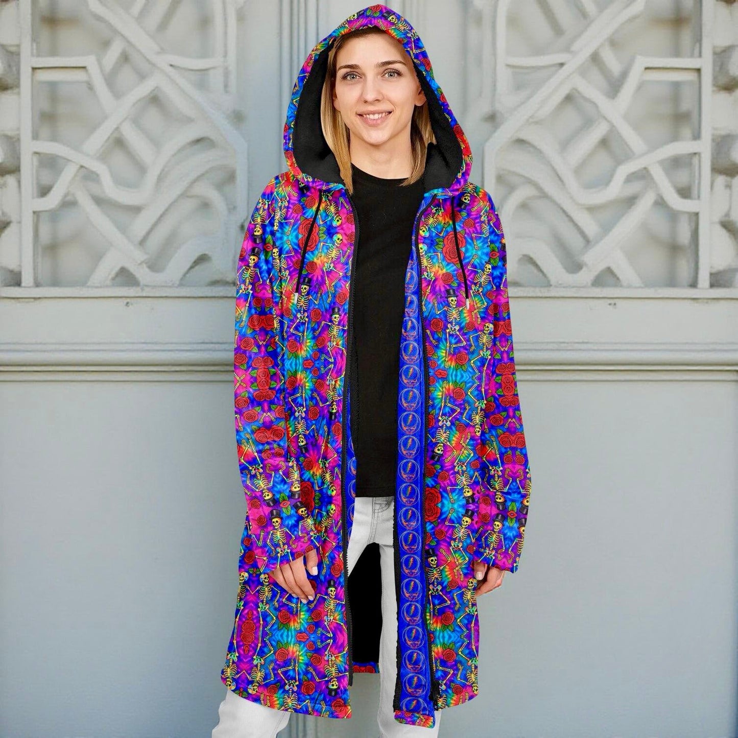 Tie Dye Grateful Dead Cuddle Coat | Unisex Minky Sherpa Lined Coat with Hood, Zipper and Pockets | Women and Mens Festival Coat | Mountain Fashion