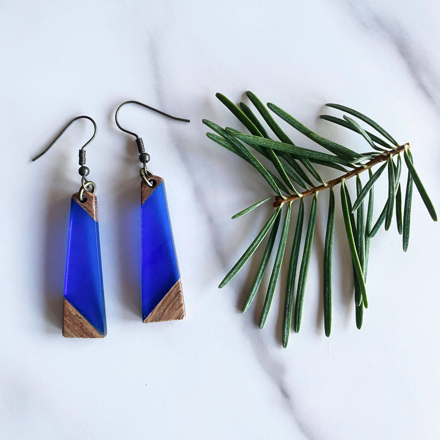 Geometric Wood + Resin Earrings | Sea Glass Colored | Long Tapered Dangle Earrings