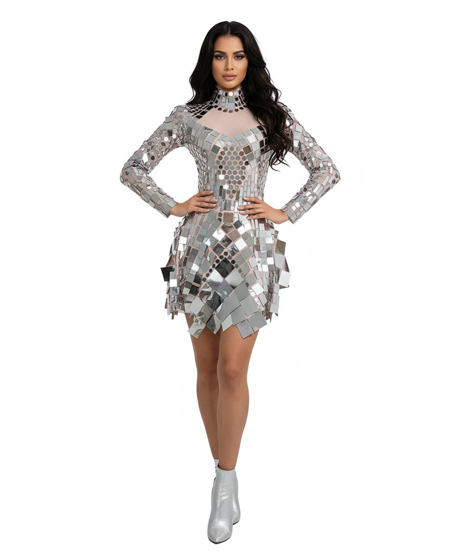 Celine Mirror Goddess Dress | Reflective Festival Mini Dress – Manifestie