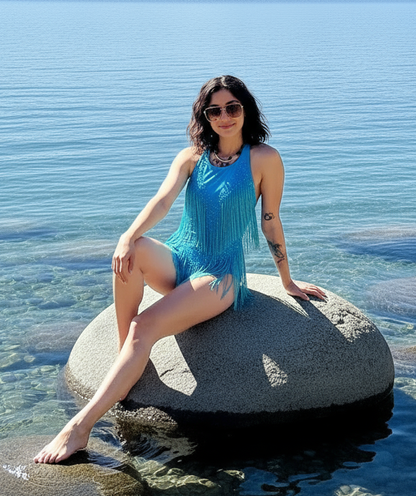 Taylor Teal Rhinestone Bodysuit | Tassel Festival, Stage & Performance Leotard – Manifestie