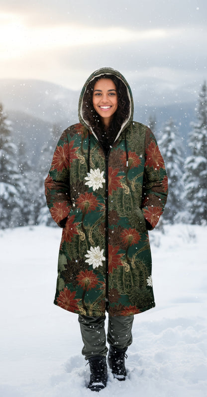Desert Flowers Carpet Cuddle Coat | Green Red | Unisex Minky Sherpa Lined Coat with Hood, Zipper and Pockets | Women and Mens Festival Coat | Mountain Fashion