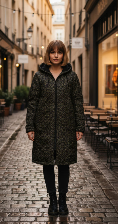 Black and Gold Sacred Geometry Flower Cuddle Coat | Unisex Minky Sherpa Lined Coat with Hood, Zipper and Pockets | Women and Mens Festival Coat | Mountain Fashion