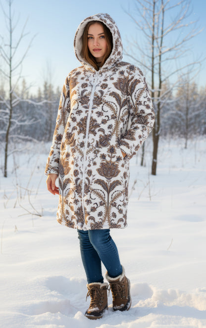 Spirit Ember Cuddle Coat | Unisex Minky Sherpa Lined Coat with Hood, Zipper and Pockets | Women and Mens Festival Coat | Mountain Fashion